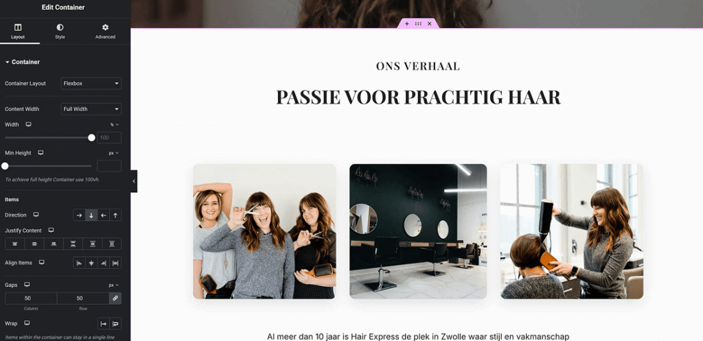 salon website laten maken. elementor working proces on a hairdresser website